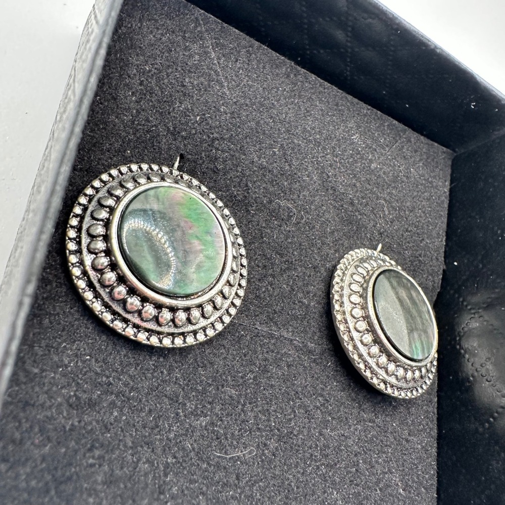 VTG Artisan Abalone Shell Silver Tone Beaded Round Leverback Earrings Boho - Picture 2 of 7